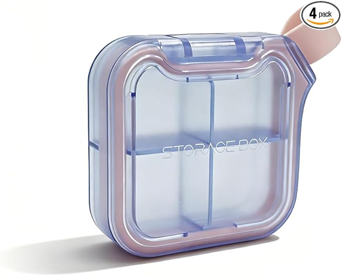 Small Stylish Pill Case for Women, Compact Vitamin Box, Portable Travel Pill Container, 4 Compartments Medications & Supplements Organizer (Purple)