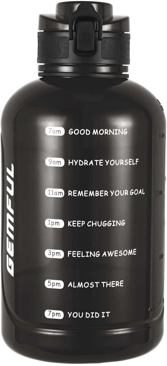 GEMFUL Water Bottle 2L with Time Marker & Handle 64oz Large Motivational Jug for Gym Workouts No Straw Leak Proof BPA Free (Black)