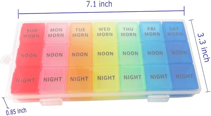 Weekly Pill Organizer, 3 Times a Day, 7-Day Pill Box, Portable Travel Prescription Pill Case Dispenser, Vitamin Fish Oil Compartments Container, Daily Calcium DHA Supplement Holder Reminder