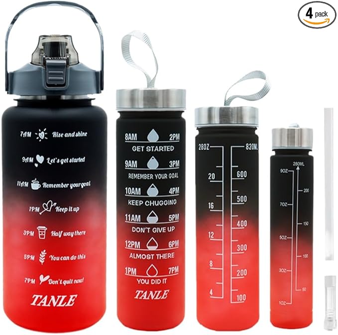 4pcs Water Bottle Set,64oz+28oz+14oz+9oz Large Capacity Sports Fitness Water Bottle,Leak Proof,Straw Inspirational Water Bottle,For Family Camping Outdoor(4pcs Black red)