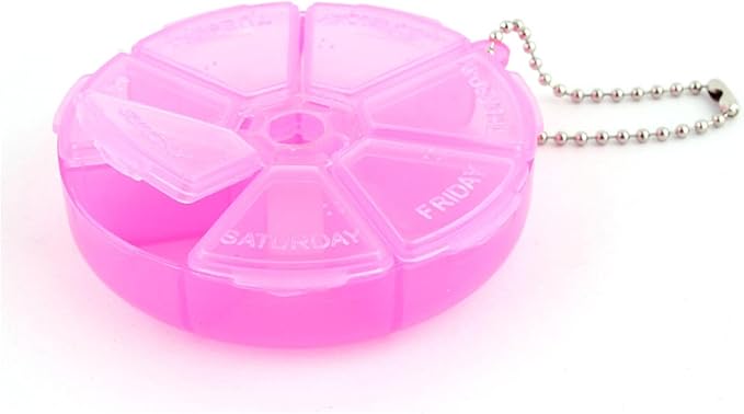 uxcell Round Shaped Medicine Pill 7 Slots Organizer Box Case Container Fuchsia