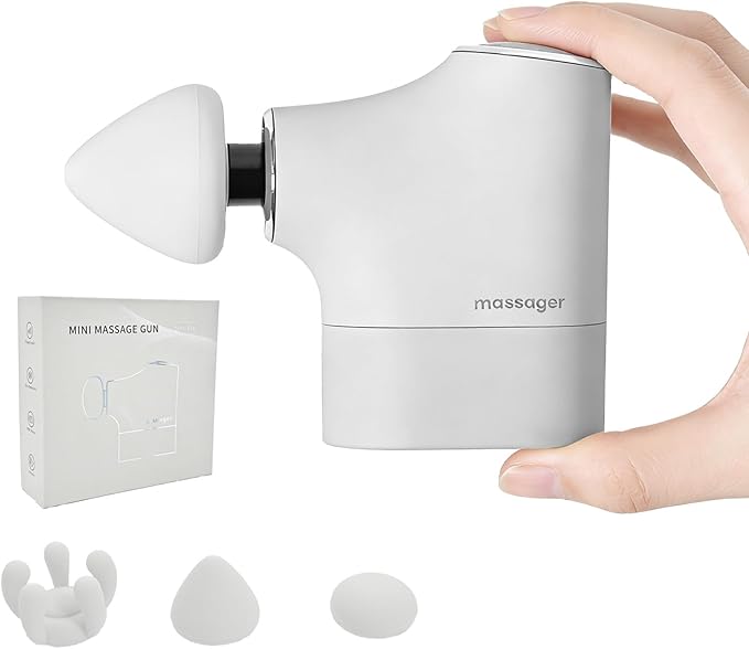 Mini Massage Gun, Portable Deep Tissue Muscle Massager with 4 Heads, Adjustable Speed & Pressure, Quiet Powerful Motor, Rechargeable Handheld Percussion Massager for Neck, Shoulder, Back & Legs Gray