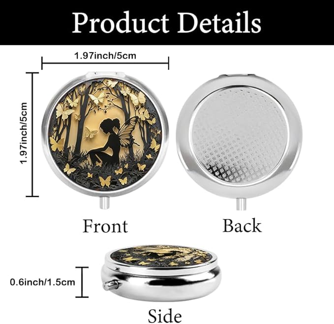 Portable Round 3 Compartment Metal Pill Box Enchanted Fairy & Butterflies Print Ideal for Office Kitchen Travel and Daily Medication Management