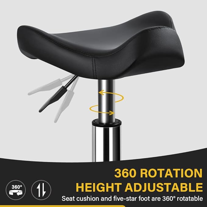 Heavy Duty Rolling Stool with Wheels Hydraulic Swivel Adjustable Rolling Chair Ergonomic Thick Irregular Leather Seat Stool Chair for Kitchen Drafting Lab Office Salon Message Counter – Black