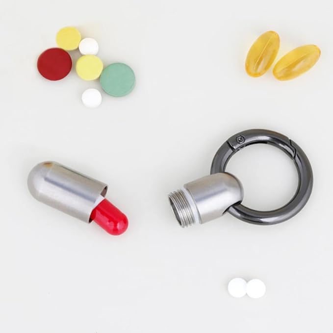 Keychain Pill Holder Mini - Titanium,Pill Case Travel Waterproof, Portable Tiny Pill Organizer for Camping and Hiking Outdoor Pill Box (Silver)