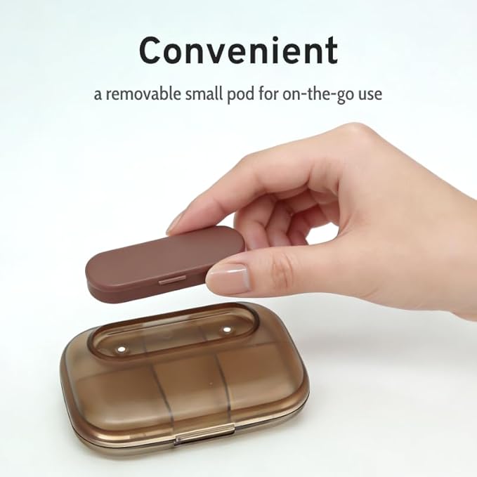 Small Travel Pill Case, Portable Brown Pill Box with Removable Magnetic Mini Pod, Lightproof Moistureproof Pill Dispenser, Compact Medication & Vitamin Organizer