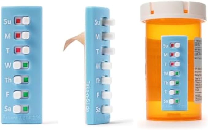 Peel and Stick Reusable for 12 + Refills, Pill/Medication/Vitamin/Pet Med Tracker & Reminder, Attach to Your Bottle, Organizer-Free, Curved‑Back (Blue, 5-Pack)