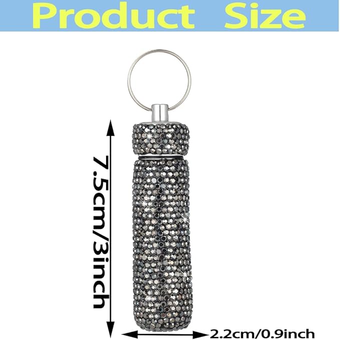 Bling Rhinestone Pill Case Portable Waterproof Pocket Pill Holder Bottle Storage with Keychain for Travel, Outdoor, Camping (bright black)