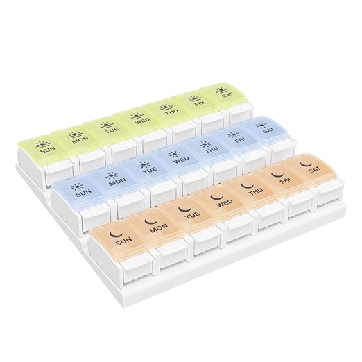 EZY DOSE Weekly (7-Day) Pill Case, Daily Medicine Planner, Vitamin Organizer Container, Large Push Button Compartments, Easy to Use, 3 Times a Day, Spring Open Design, Pastel Rainbow Lids, BPA Free