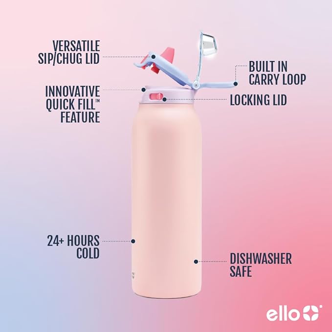 Ello Pop & Fill Insulated Stainless Steel Water Bottle with Quick Fill Lid, Leakproof Locking, Sip or Chug Spout, BPA-Free, Double Wall Vacuum Insulated for Sports, Travel & School- 22oz / 32oz / 40oz
