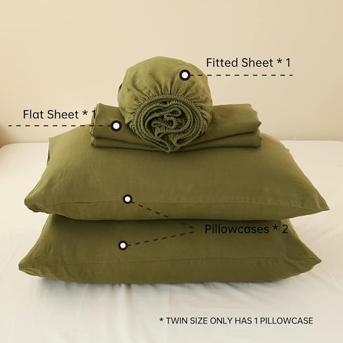 Simple&Opulence Washed Linen Bed Sheet Set Basic Style 4 Pieces (1 Flat Sheet & 1 Fitted Sheet & 2 Pillowcases) 100% Natural French Flax Soft Breathable Farmhouse Bedding (King, Olive Green)