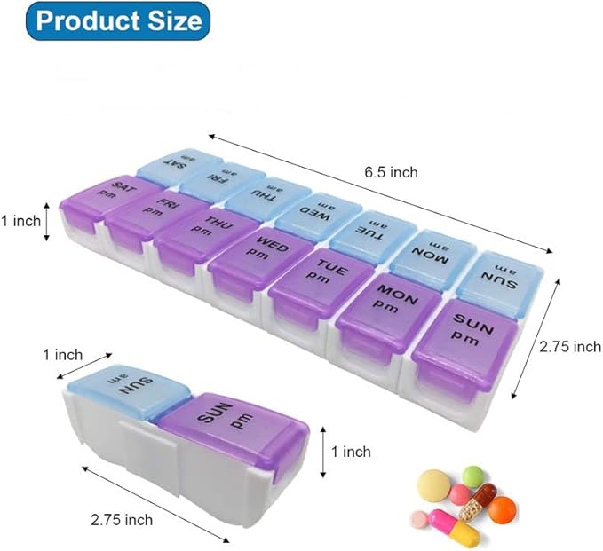 E-Crazy Pill Organizer, Pill Box Twice-a-Day, Weekly Pill Planner with Detachable Compartments, can be Detached as Daily Pill Box, AM PM Pill Organizer