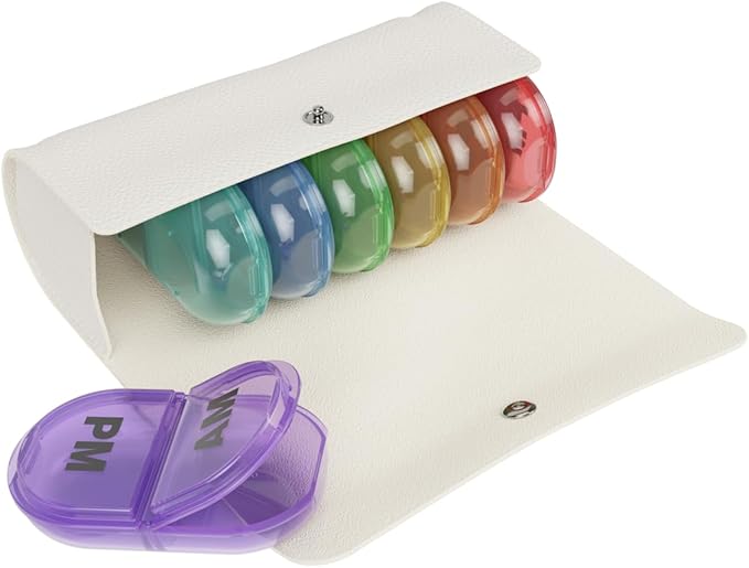 EZY DOSE Weekly (7-Day) AM/PM Pill Case, Medicine Planner, Vitamin Organizer, Pop-Out Compartments, 2 Times a Day, Rainbow Lids, Includes Cream Case, BPA Free