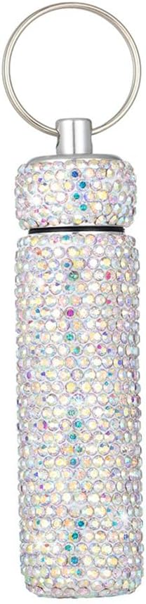 Bling Rhinestone Pill Case Portable Waterproof Pocket Pill Holder Bottle Storage with Keychain for Travel, Outdoor, Camping (ab colorful)