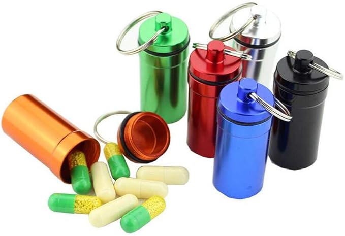 Ulalaza Waterproof Aluminum Pill Holder with Keychain Outdoor Medicine Bottle Seal First Aid Drug Holder
