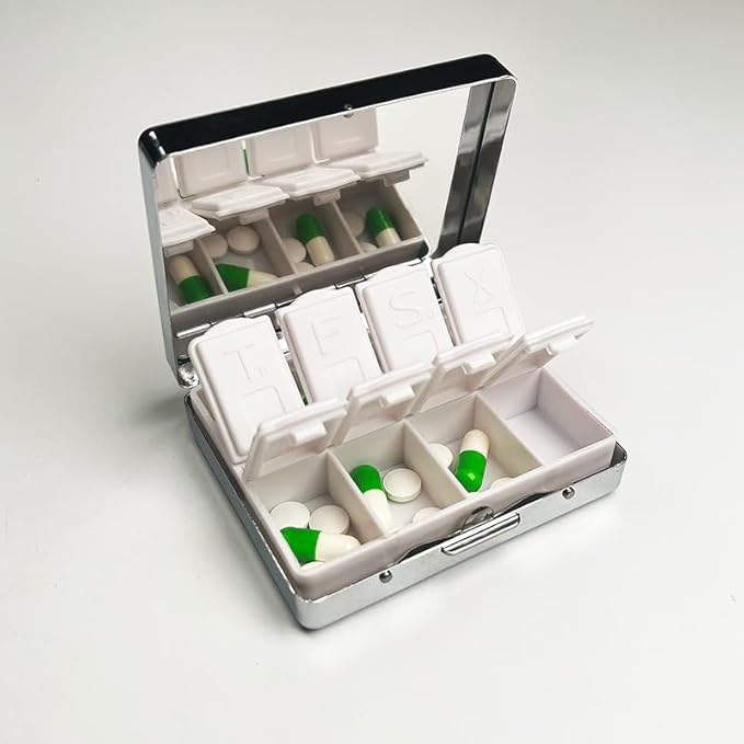 Concentrated Poison 7 Days Chromed Shiny Silver Pill Organizer with Mirror Inside Has 8 Separate Compartments Rectangle 7 Days Pill Box Pill Case