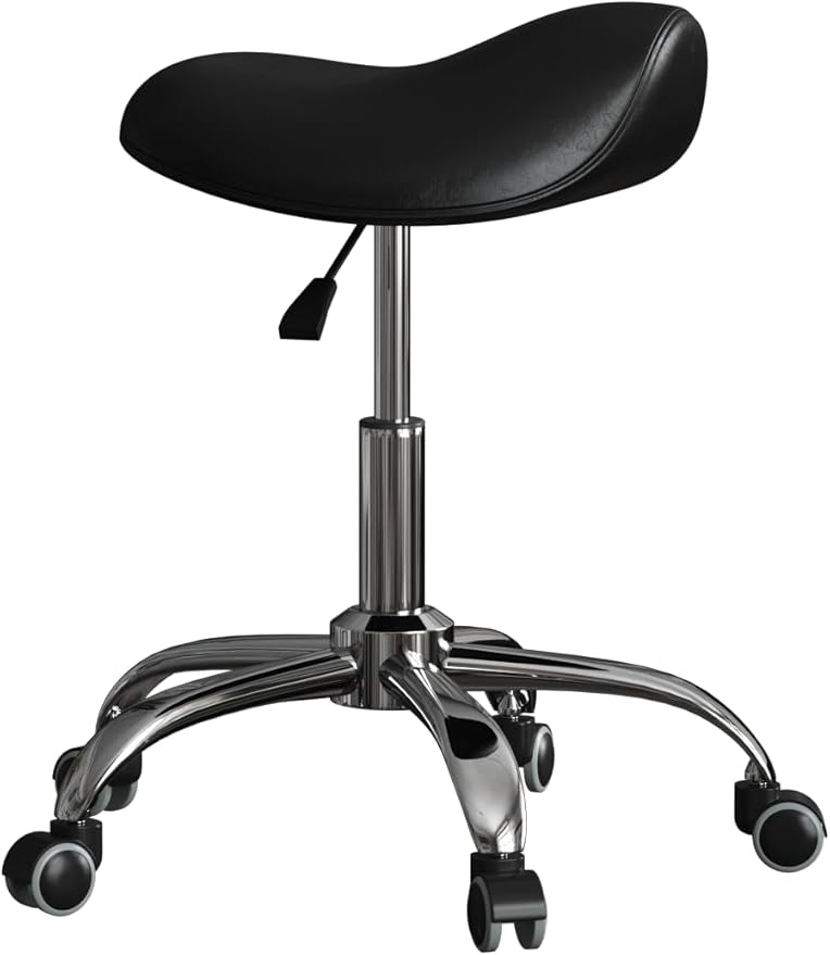 Saddle Stool with Wheels, Ergonomic Rolling Height Adjustable Chair for Medical Clinic Dental Tattoo Hair Stylist Salon Facial Nail Artist Spa, Swivel Pu Leather Stool,Black