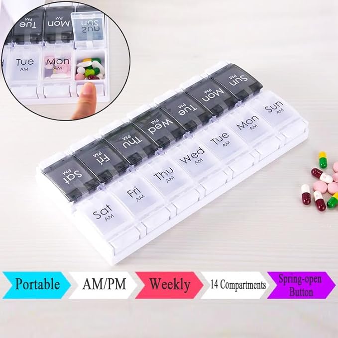 7-Day Weekly Pill Case, Daily Medicine Box Planner, Portable Vitamin Organizer Dispenser, AM/PM, Large 14 Compartments Capsule Fish Oil Tablet Container, Black and Transparent Lids, BPA Free