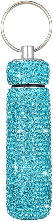Bling Rhinestone Pill Case Portable Waterproof Pocket Pill Holder Bottle Storage with Keychain for Travel, Outdoor, Camping (lake blue)