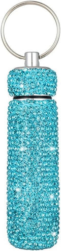 Bling Rhinestone Pill Case Portable Waterproof Pocket Pill Holder Bottle Storage with Keychain for Travel, Outdoor, Camping (lake blue)