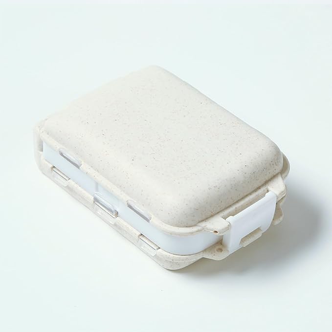8 Compartment Pill Organizer - Travel Size Portable Daily Weekly Medication Box (4 x 2.6 x 1.37 inches) - Durable Fiber Material, Leakproof Design for Vitamins, Supplements & Pills (White)