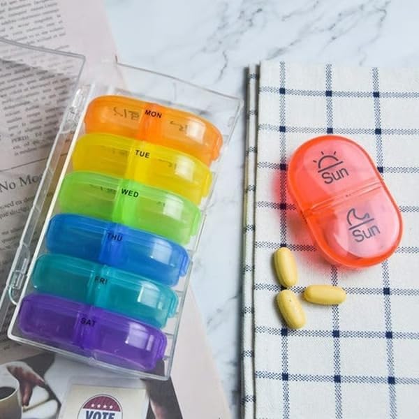 Portable Pill Organizer for Travel, 7-Day Pill Case with 14 Compartments, Pill Holder for Vitamins & Medication, Leak-Proof & Compact Design (White Shell with Color Grid, 1PC)