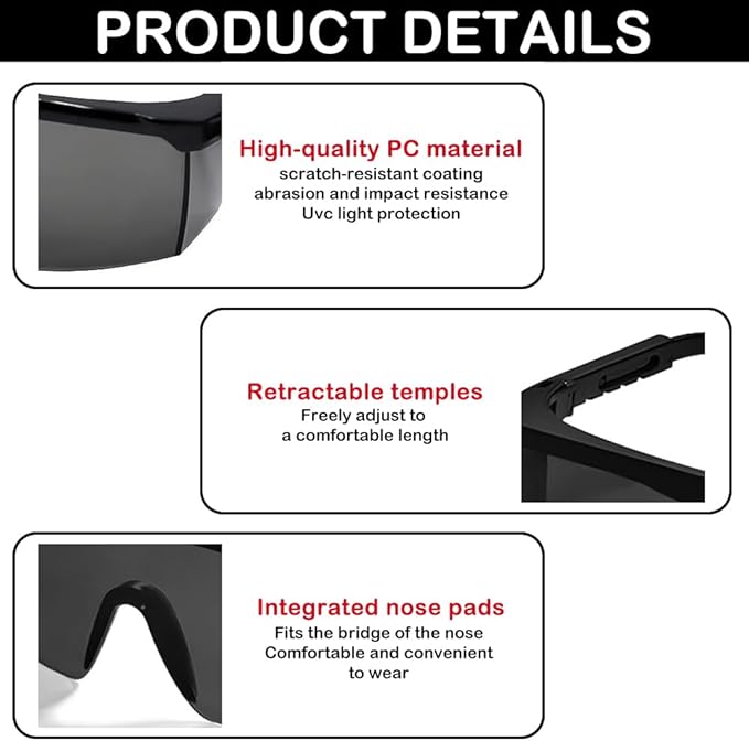 UV Light Safety Glasses Protection,UVC 400 Blue Light Blocking Protective Glasses Goggles ,Ansi Z87 Adjustable Temples Eyewear, Shaded Shatterproof Scratch Resistant Safe Sunglasses Black Color