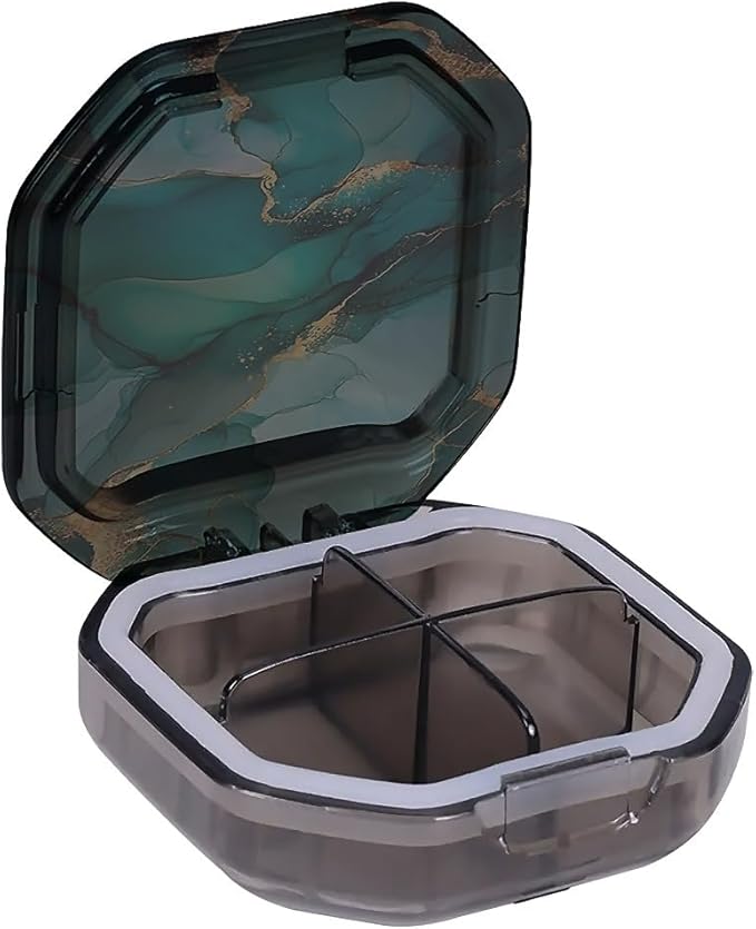 This Portable Teal Gold Marble Pattern 4-Compartment Pillbox Can Be Placed in A Pocket Or Wallet to Store Vitamins, Medicines Fish Oil Health Supplements Other Medications.