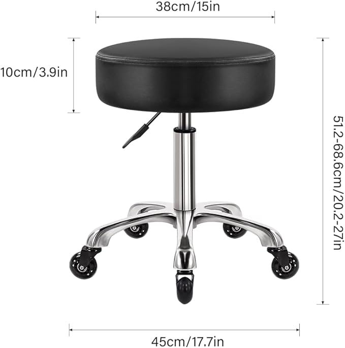 Heavy Duty Rolling Stool with Wheels Hydraulic Swivel Adjustable Rolling Chair Ergonomic Thick Leather Seat Stool Chair for Kitchen Drafting Lab Office Salon Message Stool – Black