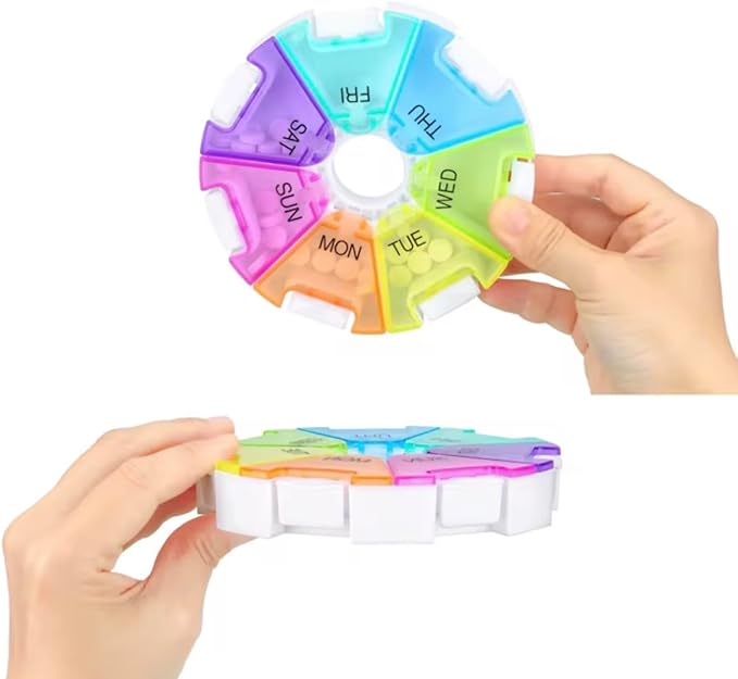 Weekly Pill Organizer 7 Day Round Pill Box Arthritis Friendly Spring Open, Leak-Proof Compartments for Vitamins, Medications & Supplements BPA-Free Travel Pill Case, Color-Coded Daily, Spill-Proof