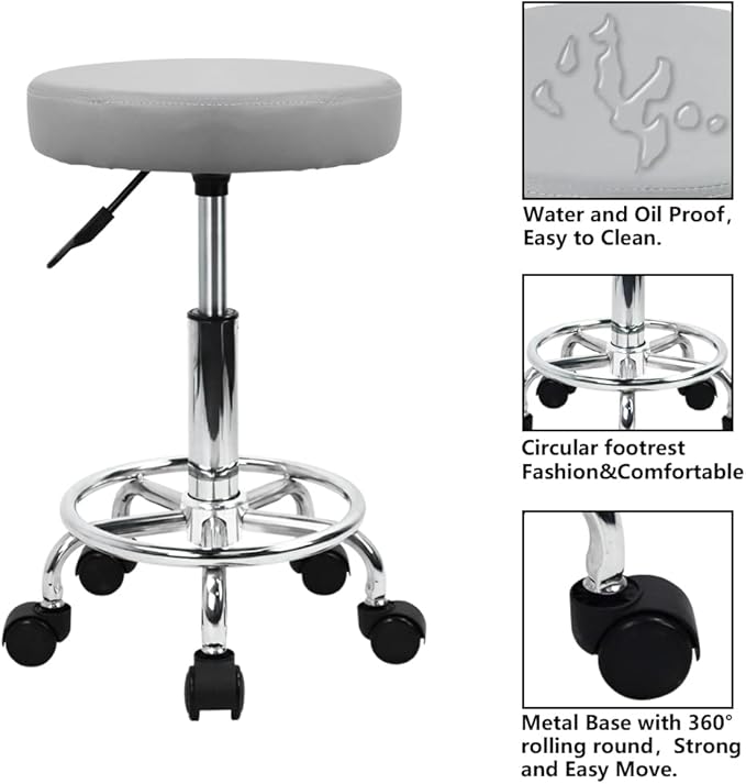 KKTONER PU Leather Round Rolling Stool with Foot Rest Swivel Height Adjustment Spa Drafting Salon Tattoo Work Office Massage Stools Task Chair (Grey)