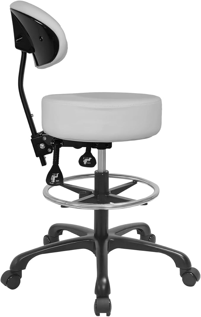 Swivel Rolling Stool Round Chair,Thick Sturdy Padding,Adjustable Stool with Wheels for Doctor,Medical,Massage Salon,Office,Shop(with New Back, White)