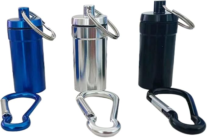 Aluminum Keychain Pill Box with Carabinieri，Air Tight Metal Pill Container，Waterproof Pill Organizers for Outdoor Camping，Travel (Black,Silver and Blue)