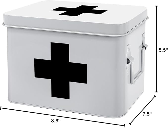 Flexzion First Aid Medicine Box Supplies Kit Organizer - Empty 8" White Metal Tin Medic Storage Bin Hard Case with Removable Tray Gold Cross, Vintage Antique Boxes for Home Family Emergency Tool Set