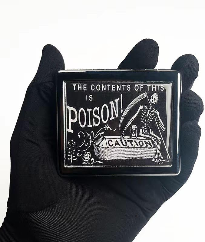 Vintage Poison Caution 7 Days Chromed Shiny Silver Pill Organizer with Mirror Inside Has 8 Separate Compartments Rectangle 7 Days Pill Box Pill Case