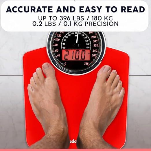 Adamson Hybrid 2-in-1 Analog & Digital Weighing Scale for Body Weight up to 400lbs - Thick Tempered Glass - Extra Large Display - Easy to Read Digital Bathroom Scale - New - Red