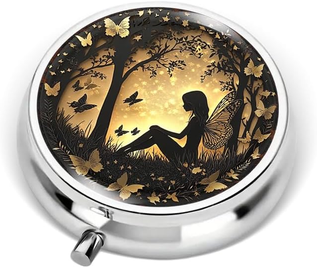 Portable Round 3 Compartment Metal Pill Box Enchanted Fairy & Butterflies Print Ideal for Office Coffee Shop Traveling