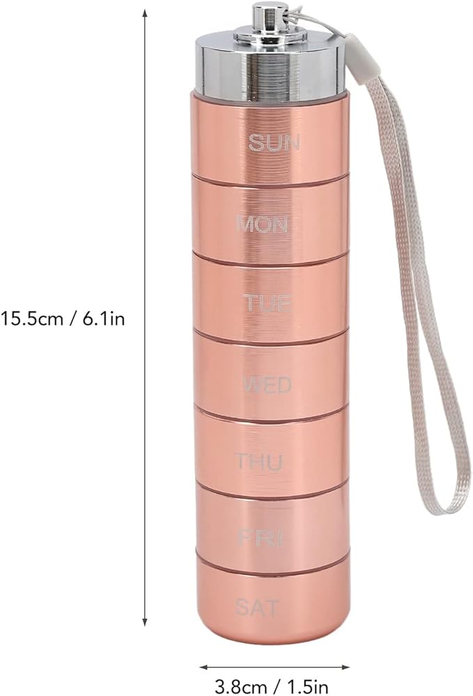 Metal Organizer, Stackable Metal Weekly Travel Organizer, Portable Aluminum Alloy Tablets Box with Lanyard Rose Gold for Vitamin, Fish Oil & Supplement