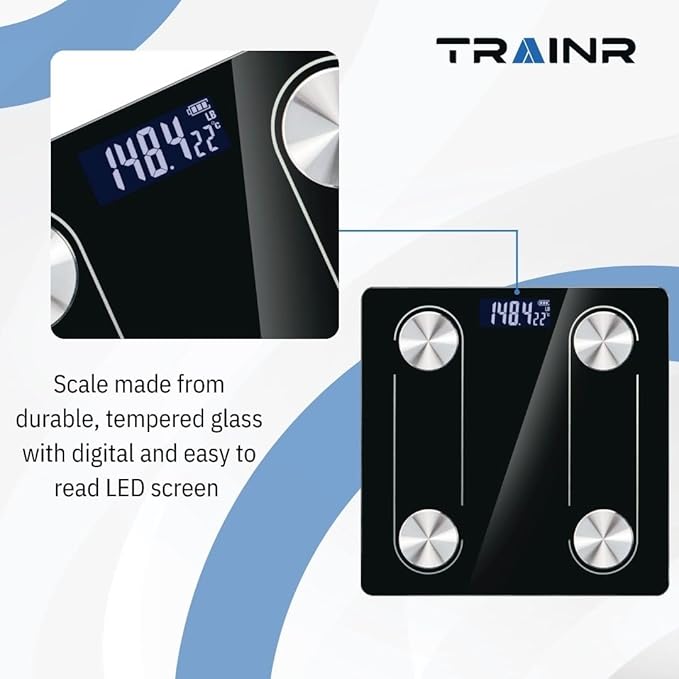 Digital Body Scale Trnr-BDYSCLE-BLK, Home Essential Body Weight Scale for People, Durable Bathroom Accessory, Compatible with Apple and Android OS, Workout and Fitness Equipment