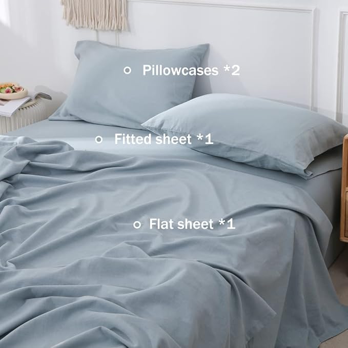 Simple&Opulence Belgian Linen Sheet Set Solid Color - 4 Pieces (1 Flat Sheet, 1 Fitted Sheet & 2 Pillowcases) Natural Flax Cotton Blend Soft Breathable Farmhouse Bedding - Full Size, Dusty Blue