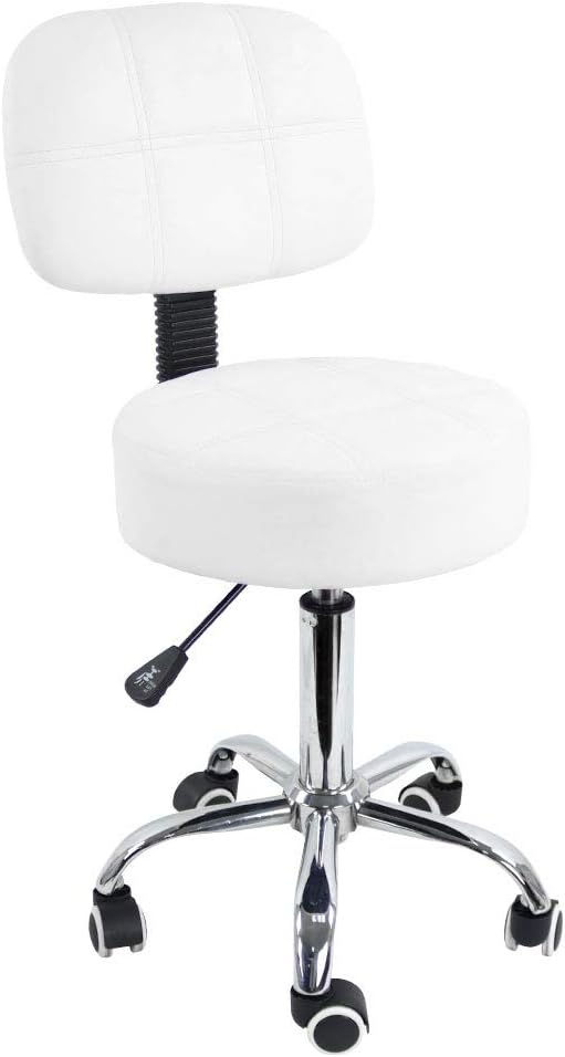 Round Rolling Stool with Back PU Leather Height Adjustable Swivel Drafting Work SPA Medical Salon Stools Chair with Wheels (White)