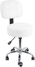 Round Rolling Stool with Back PU Leather Height Adjustable Swivel Drafting Work SPA Medical Salon Stools Chair with Wheels (White)