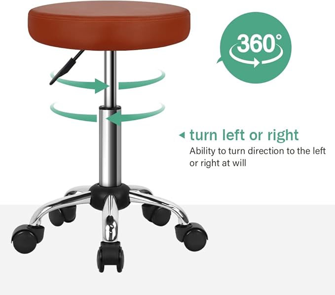 FURWOO Adjustable Salon Chair Small Rolling Stool with Wheels for Spa Salon Massage Home Office Brown