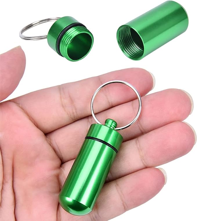 AKOAK 2 Pcs Colorful Round Aluminum Alloy Pill Bottle, Emergency Jar, Waterproof Outdoor Travel Portable Pill Bottle Key Chain (Green)