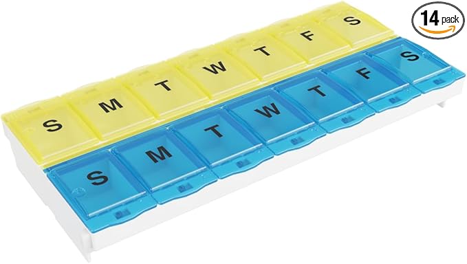 EZY DOSE Pill Organizer Weekly AM/PM (7-Day), Medicine Planner, Vitamin Case/Box, 2X-Large Locking Compartments to Secure Prescription and Prevent Accidental Spilling, Blue and Yellow, BPA Free