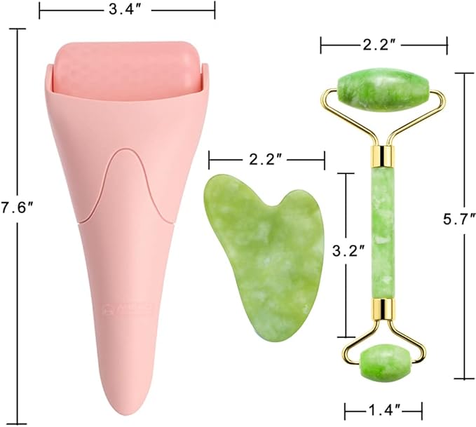 AECW 3-in-1 Natural Jade Roller and Gua Sha Set for Face and Eye Ice Roller Facial Cooling Massage Roller