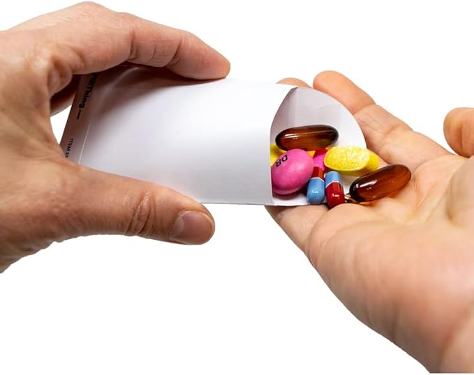 Peel and Seal Printed Pill Envelopes, 3.5" x 2.5", Easy-to-Fill Design, Secure Resealable Closure, Fits Various Medication Sizes (White/Blue/Yellow, 300 Pack)