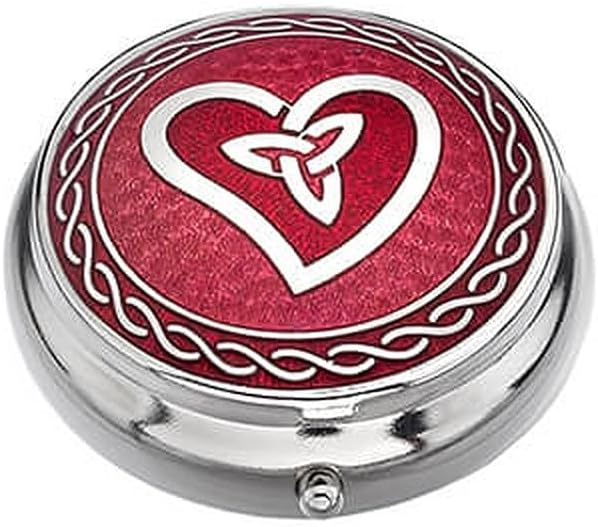 Enameled Metallic Pill Box Plastic-Lined Compartment 1.5" Diameter Birthday Gift Souvenir Present Health Care Organizer (Heart Trinity Knot)