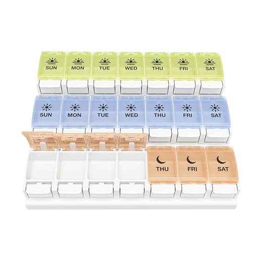 EZY DOSE Weekly (7-Day) Pill Case, Daily Medicine Planner, Vitamin Organizer Container, Large Push Button Compartments, Easy to Use, 3 Times a Day, Spring Open Design, Pastel Rainbow Lids, BPA Free