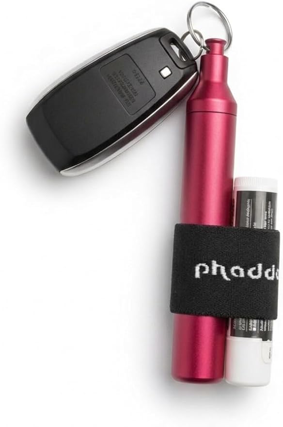 phaddy Keychain Pill Holder – Waterproof Airtight EDC Capsule Container, Aluminum Pill Box with Modular Band for Keys, Travel, Emergency Cash, Vitamins & Essentials (Pink, King Size)